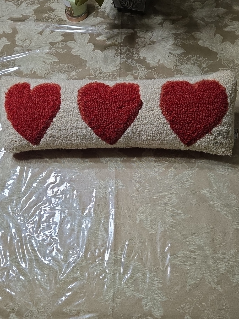 Chandler 4 Corners Handhooked Wool Cream Accent Pillow with Red Heart Trio
